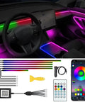 Acrylic Interior Car LED Lighting Kit With Remote and Wireless App showcasing vibrant colors on car dashboard and doors.