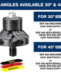 Portable Heavy Duty Power Beveler And Deburring Tool For 45 Degree Weld Seams, 2300 Watt Motor, Knocks Out Chamfers Clean, Holds Up To 9/16 Inch, Comfort Handles, Built Like A Tank with 30° and 45° angles shown.