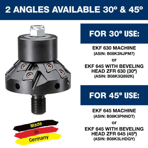 Portable Heavy Duty Power Beveler And Deburring Tool For 45 Degree Weld Seams, 2300 Watt Motor, Knocks Out Chamfers Clean, Holds Up To 9/16 Inch, Comfort Handles, Built Like A Tank with 30° and 45° angles shown.