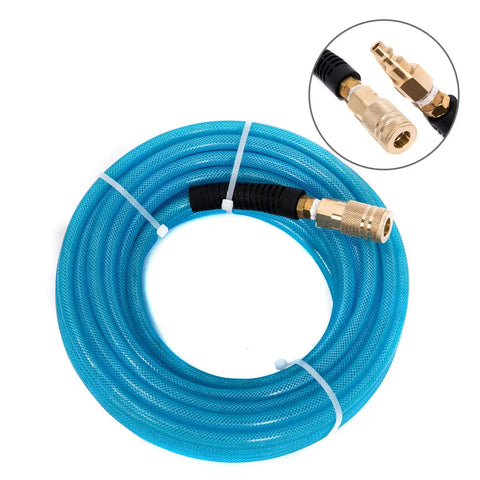 Coiled 1/4 Inch Air Compressor Hose, 100 Ft Reinforced Polyurethane PU Line with 1/4 Inch Quick Connect Plug and Coupler Fittings, Blue.
