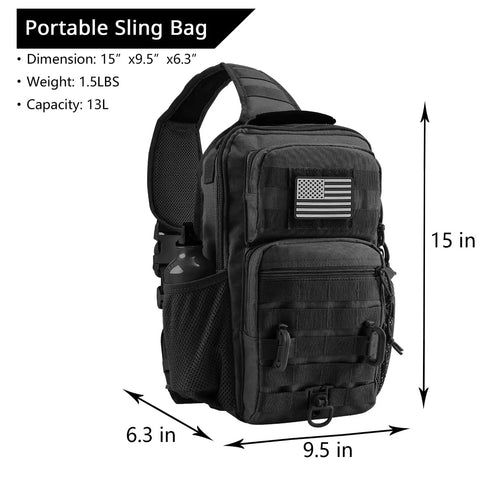 Rugged Tactical Sling Pack For Everyday Carry, Shoulder Crossbody Bag With Bottle Holder, 13L Capacity black bag with grey patch.