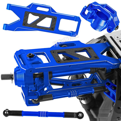 Beefed Up RC Upgrades Kit For 1 By 10 WideMaxx X Maxx in navy blue anodized 6061 aluminum showing suspension arms and components