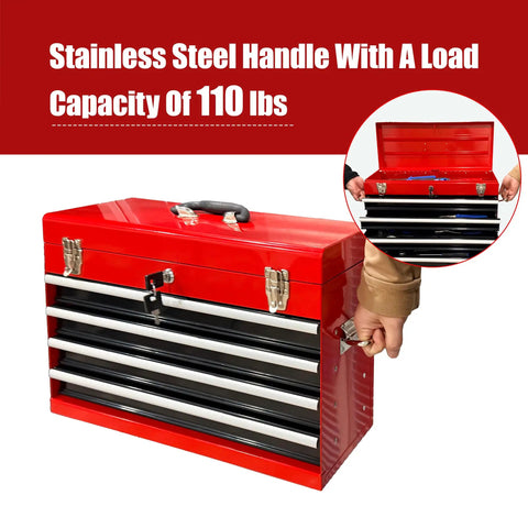 Badass 4 Drawer Tool Chest 21 Inch Steel Portable Toolbox with stainless steel handle and 110 lb load capacity.