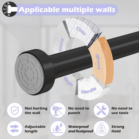Heavy Duty Adjustable Tension Shower Curtain Rod 18 to 49 Inches No Drill No Slip Easy Install Matte Black Finish applicable on multiple wall surfaces
