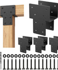 Beefed Up Heavy Duty 4x4 Post Caps Tie Brackets Actual 3.5 By 3.5 Inches 4 Pack Galvanized Steel Pergola Connector Brackets For Wood Posts Gazebo And Deck Beams Black Finish, including screws and washers, with an assembled view on wood post.