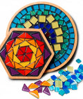 Set of 2 Mosaic Kits for Adults, Diy Stained Glass Craft for Beginners showing hexagonal and round colorful mosaic designs