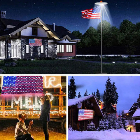 Patriotic Solar Powered LED Flag Net Lights With 420 Bright LEDs on houses at night for Memorial Day and Independence Day