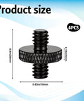Top Shelf 4 Pack Quarter Inch Male To Male Threaded Tripod Screw Adapter Fits Camera Cages And Light Stands Knurled Aluminum Build Is Straight Up Built Different For Pros, detailed size dimensions on black aluminum screw.