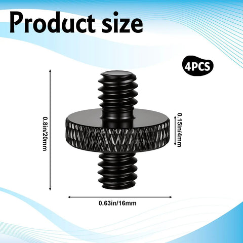 Top Shelf 4 Pack Quarter Inch Male To Male Threaded Tripod Screw Adapter Fits Camera Cages And Light Stands Knurled Aluminum Build Is Straight Up Built Different For Pros, detailed size dimensions on black aluminum screw.