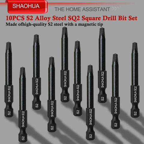 Pro Grade 11 Piece Square Drive Bit Set With 10 Number Two Square Bits And One Quarter Inch Magnetic Hex Shank Driver Two Point Three Inch Long SQ2 Alloy Steel Bits For Pocket Hole Jigs And Impact Drivers front view