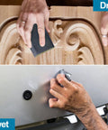 Hands using All In One Sandpaper Kit With 36 Wet Or Dry Grit Sheets From 120 To 3000 on wood and metal surfaces