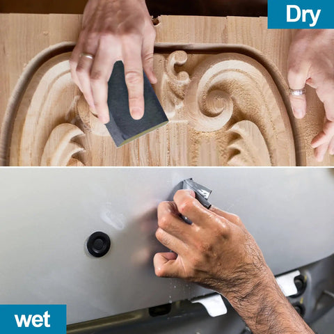 Hands using All In One Sandpaper Kit With 36 Wet Or Dry Grit Sheets From 120 To 3000 on wood and metal surfaces