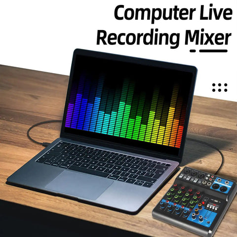 Laptop and Five Channel DJ Mixer With Bluetooth USB Audio Interface And 48V Phantom Power FX Reverb And Delay Effects on desk