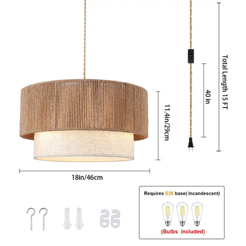 18 Inch Plug In Rattan Pendant Light With Premium Linen Shade Boho Ceiling Chandelier stylish design with 15 foot cord