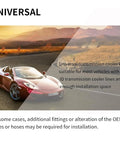 Universal 2 Pass Tube And Fin Transmission Cooler Kit ad with red car on scenic road, highlighting compatibility and installation advice.