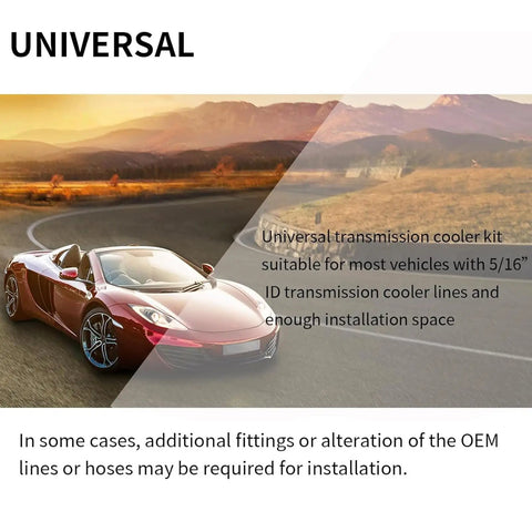 Universal 2 Pass Tube And Fin Transmission Cooler Kit ad with red car on scenic road, highlighting compatibility and installation advice.
