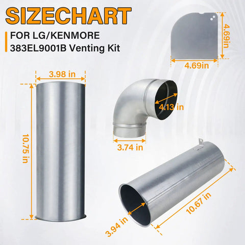 Upgraded 383EEL9001B Dryer Venting Kit For Side Or Bottom Exhaust With 2 Straight Ducts Plus 1 Elbow Size Chart