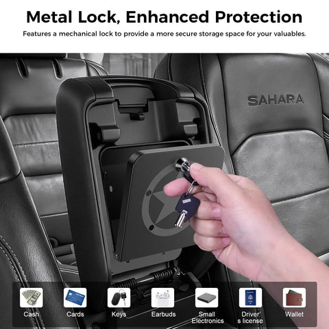 Metal Center Console Hidden Organizer for Jeep Wrangler JL JLU 2018 to 2026 and Gladiator JT 2020 to 2026 with key inserted