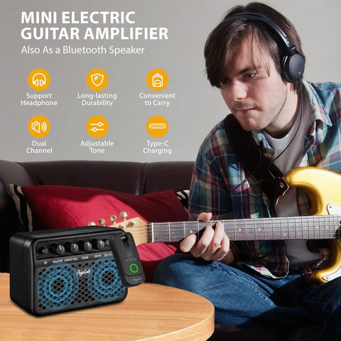Man playing electric guitar with Mini Guitar Amp 5W Portable Practice Amplifier, Bluetooth, and dual channel features visible.