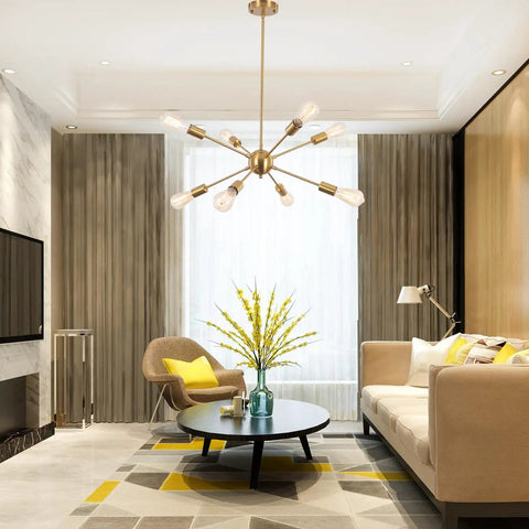 Gold Sputnik Chandelier 8 Light Modern Ceiling Fixture illuminating a contemporary living room with mid-century furniture.