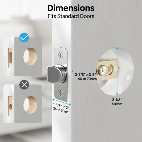 Installation dimensions for Keyless Entry Door Lock With Handle 5 In 1 Security System Includes Fingerprint Passcode App Control Fob And Emergency Key Easy Install For Exterior Front Door Electronic Deadbolt.