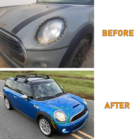 Before and after of MINI Cooper with MINI Cooper Headlight Trim Ring Kit 2007-2013 R55 R56 R57 Dope Chrome Bezel Pair.