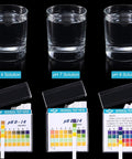 0-14 pH Test Strips Kit With Storage Case For Quick Litmus Readings In Skin Care Aquariums Drinking Water And More Fast Accurate Results In Seconds No Fuss Everyday Home Use On The Go shown with pH solution examples