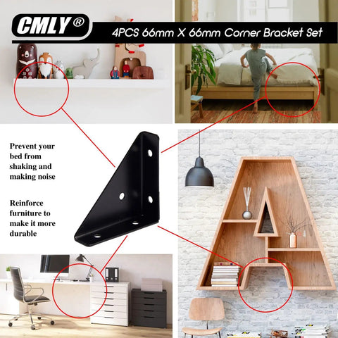 Rock Solid 4 Pack Corner Brace Brackets For Wood And Metal, Built Like A Tank 66mm Triangle Shelf Support, Rust Proof Black Angle Bracket on a desk