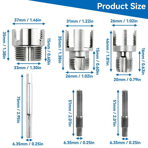 Product size chart for 1 2 3 4 Inch Pipe Threading Tool Set Quick Cut Die For Pvc Steel Copper Internal External Threading.