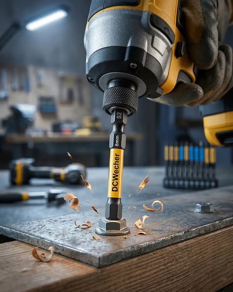 Heavy Duty Pro Grade 3 Inch Impact Hex Bit in action with S2 steel, 8mm size, on metal surface in workshop setting.
