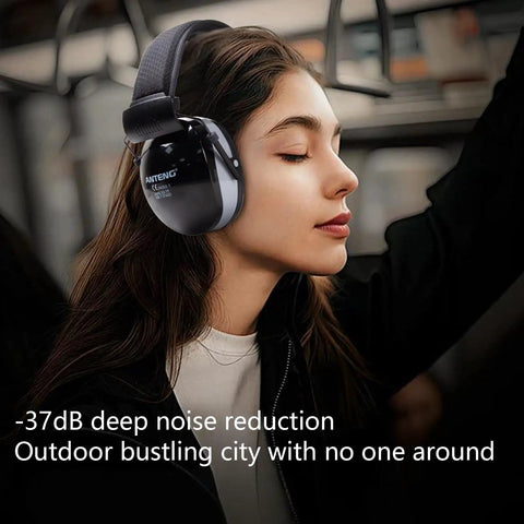 Woman wearing 37dB Gun Range Ear Protection Muffs with Adjustable Headband in an outdoor setting.