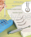 Piercing Taper Ball Grabber Tool Set 14G 16G 18G 20G Stainless Steel For Easy Jewelry Change Threadless Insertion Pin And Screw On Insertion Pin Reacher Tool For Safe Flat Back Earrings Ear Nose Navel Lip Piercings Kit displayed with insertion pins and ball grabber tool.