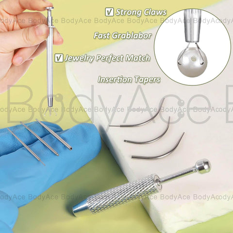 Piercing Taper Ball Grabber Tool Set 14G 16G 18G 20G Stainless Steel For Easy Jewelry Change Threadless Insertion Pin And Screw On Insertion Pin Reacher Tool For Safe Flat Back Earrings Ear Nose Navel Lip Piercings Kit displayed with insertion pins and ball grabber tool.
