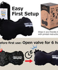 Inflatable Travel Lumbar Pillow For Airplane Seats with box and instructions, adjustable support for long flights, easy setup.