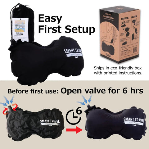 Inflatable Travel Lumbar Pillow For Airplane Seats with box and instructions, adjustable support for long flights, easy setup.