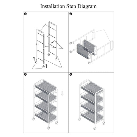 Installation diagram for 4 Tier Rolling Utility Storage Cart On Wheels In White Carbon Steel With Epoxy Coated Finish.