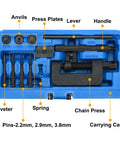 13-Piece Motorcycle Chain Breaker Tool Kit with 3 Anvils, Steel Pins, Riveter in a blue carrying case, top view