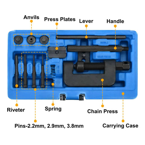 13-Piece Motorcycle Chain Breaker Tool Kit with 3 Anvils, Steel Pins, Riveter in a blue carrying case, top view