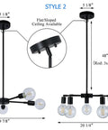 Diagram of Five Light Modern Sputnik Chandelier In Matte Black Farmhouse Adjustable Pendant Light For Dining Room, two styles shown with dimensions.