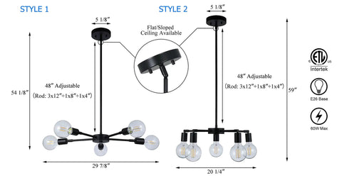 Diagram of Five Light Modern Sputnik Chandelier In Matte Black Farmhouse Adjustable Pendant Light For Dining Room, two styles shown with dimensions.