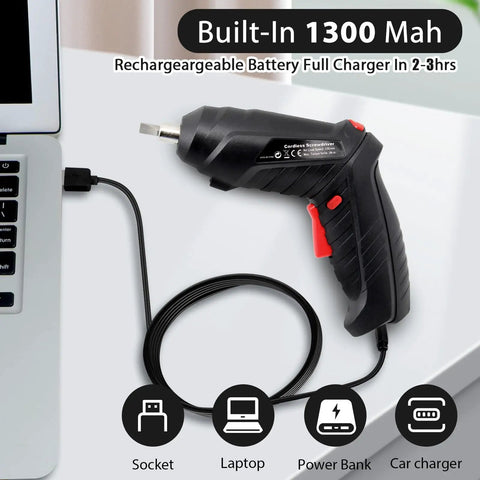 Easy Grip Cordless Electric Screwdriver With Bright Led Work Light And Rapid Usb Charging Solid Rechargeable Power Drill Kit With 47 Bits charging next to a laptop via USB cable.