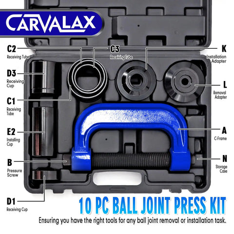 Ball Joint Press Kit With Universal Adapters And Sockets For Cars Trucks And SUVs Heavy Duty 9 Inch C Frame Press in storage case.