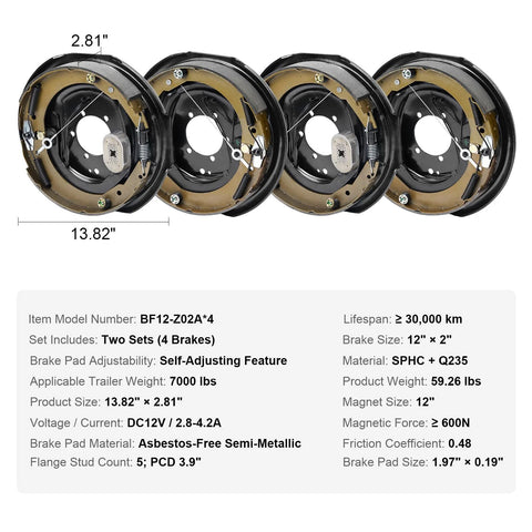 VEVOR electric trailer brake assemblies, four units, two left two right, 12x2 inches, self-adjusting for 7000 lb, front
