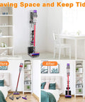 Heavy Duty Cordless Vacuum Stand Docking Station With Wheels, Boss Level Storage Holder in home corner near desk
