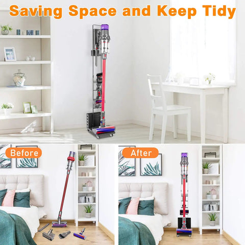 Heavy Duty Cordless Vacuum Stand Docking Station With Wheels, Boss Level Storage Holder in home corner near desk