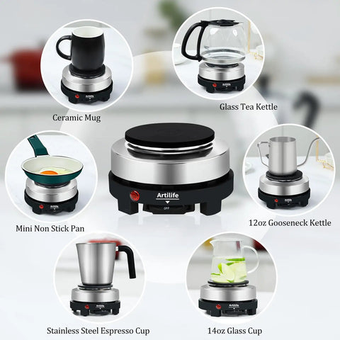 500W Mini Electric Hot Plate For Coffee Nerds Moka Pot Friendly 110V Compact RV Camping Stove with glass and metal cups