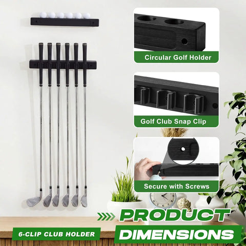 Image of Two Pack Wall Mounted Golf Club Display Rack And Ball Display Case Set Wooden Putter Wedge Holder Wall Hanger Organizer For Six Clubs And Six Balls Home Office Simulator Decor Black showcasing setup with clubs and ball, dimensions, and features description.