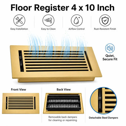 Durable Cast Aluminum Floor Register 4x10 Inlet With Walkable Surface Adjustable Louvers 6x12 Faceplate Gold Finish No Screw Holes Rust Resistant Vent Cover For Standard Duct Openings Modern Linear Design