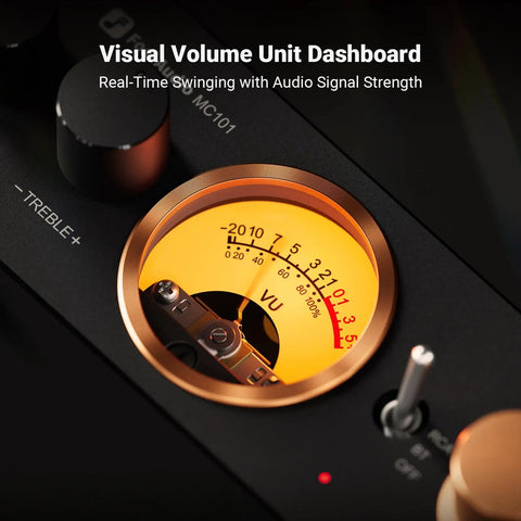 MC101 Bluetooth Stereo Amplifier With VU Meter And Bass Treble Tone Control Dope Vintage Aluminum Mini HiFi Receiver For Passive Speakers 2 Channel Home Audio Amplifier With Retro Style Power Amp, close-up VU meter