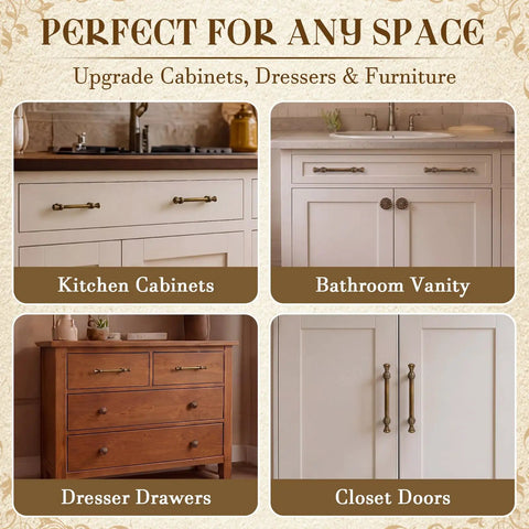 Vintage Zinc Alloy Cabinet Hardware Kit With Six Round Floral Knobs And Six Fluted Bar Pulls for kitchen cabinets and bathroom vanities.